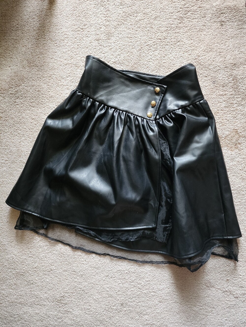 Black Faux Leather High-Waist Skirt with Button Detail